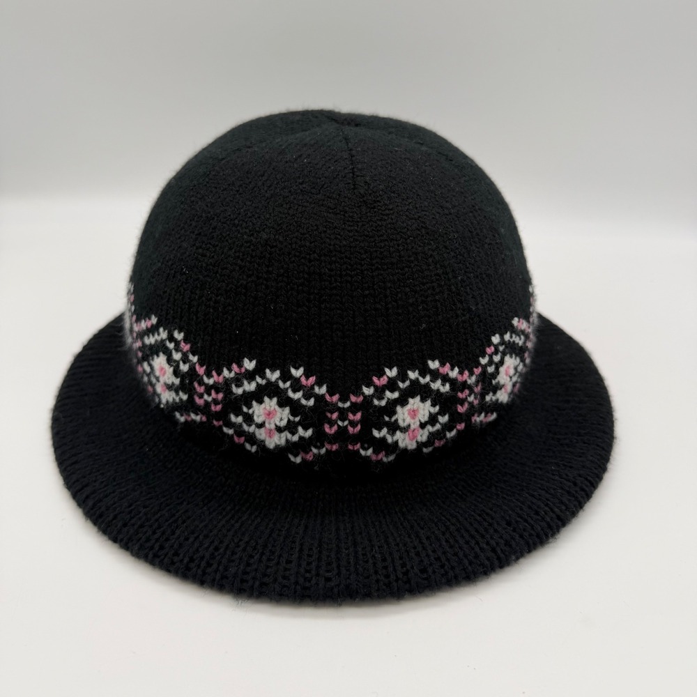 Vintage Union Made Black Knit Cloche Hat Fair Isle Floral Made in USA